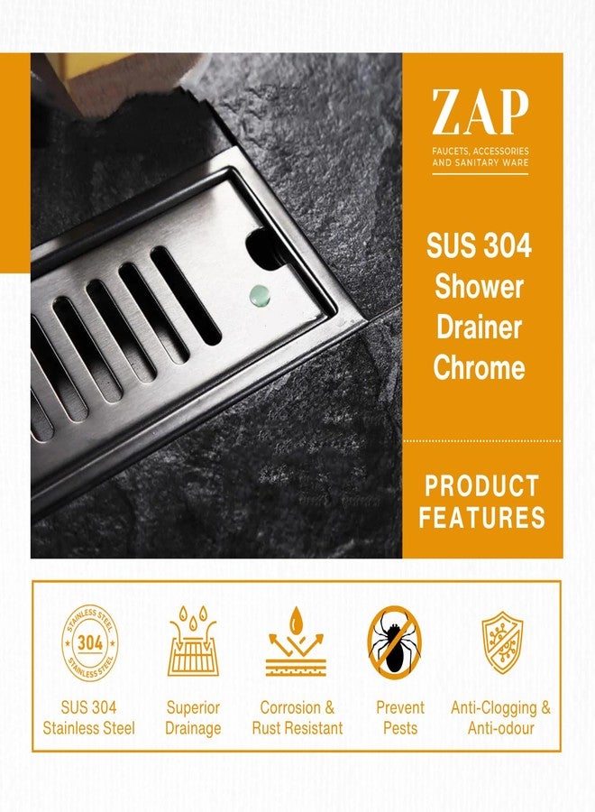 زاب ZAP | قناة تصريف دش مموجة مقاس 12 بوصة، مصنوعة من الفولاذ المقاوم للصدأ 304، مصرف أرضي خطي مع غطاء كبسولة، مصيدة للصراصير وفتحة جانبية (كروم) - Image 2